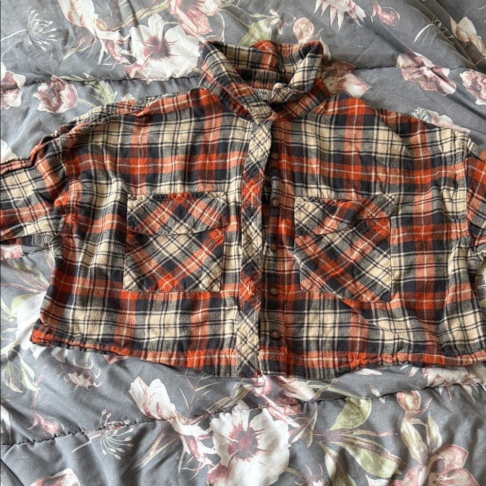 Arizona Jean Company Orange, Navy & Cream Plaid Crop Shirt